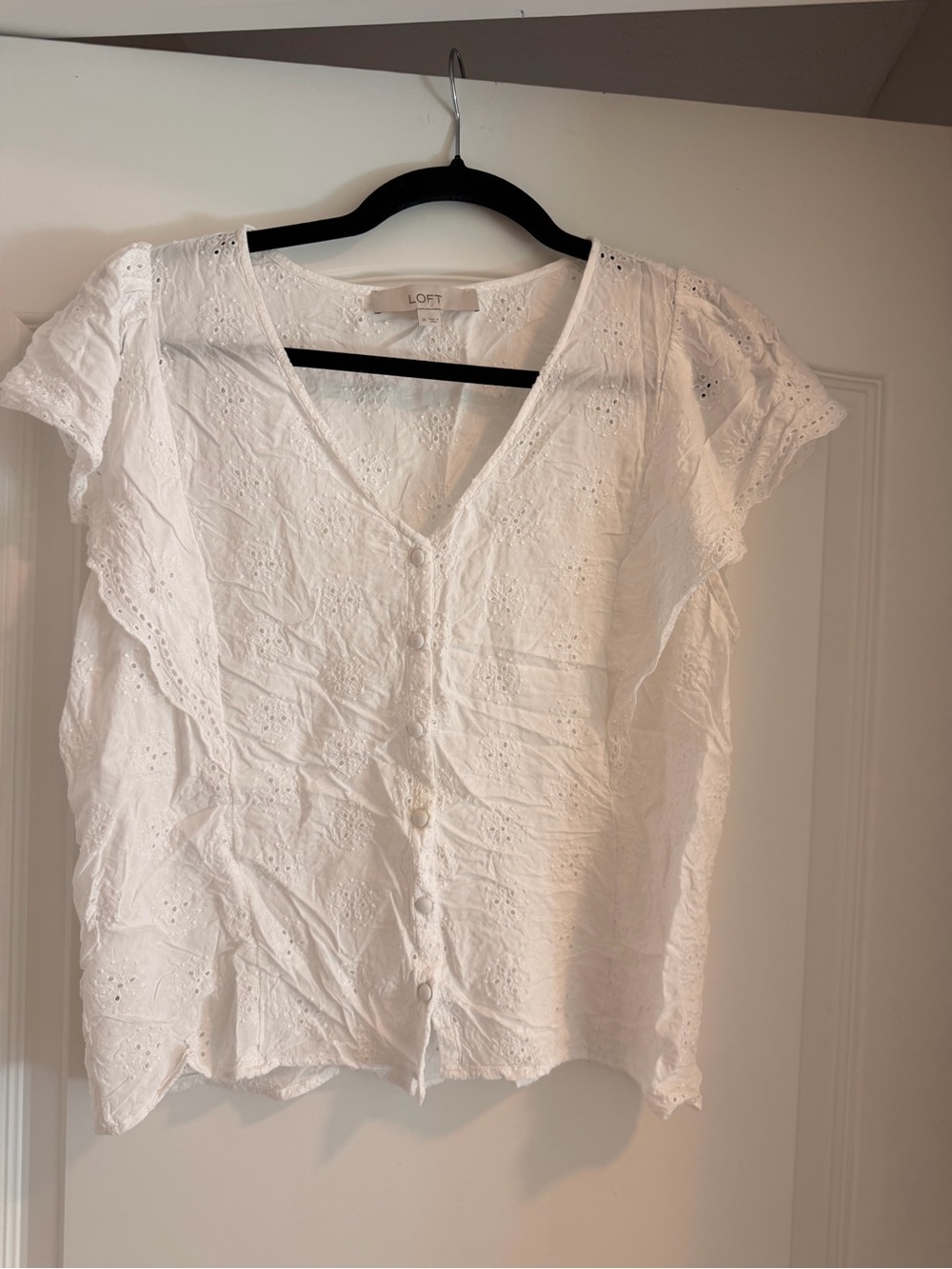 LOFT White Eyelet V-Neck Button Front Blouse